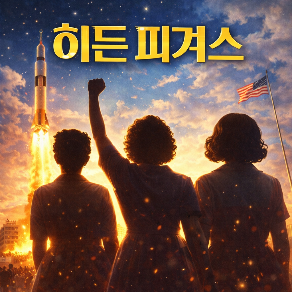 로켓이 발사되고 있고, 계산원 흑인여성의 실루엣이 보이는 사진. 영화 제목 히든 피겨스 문구가 삽입되어 있음.