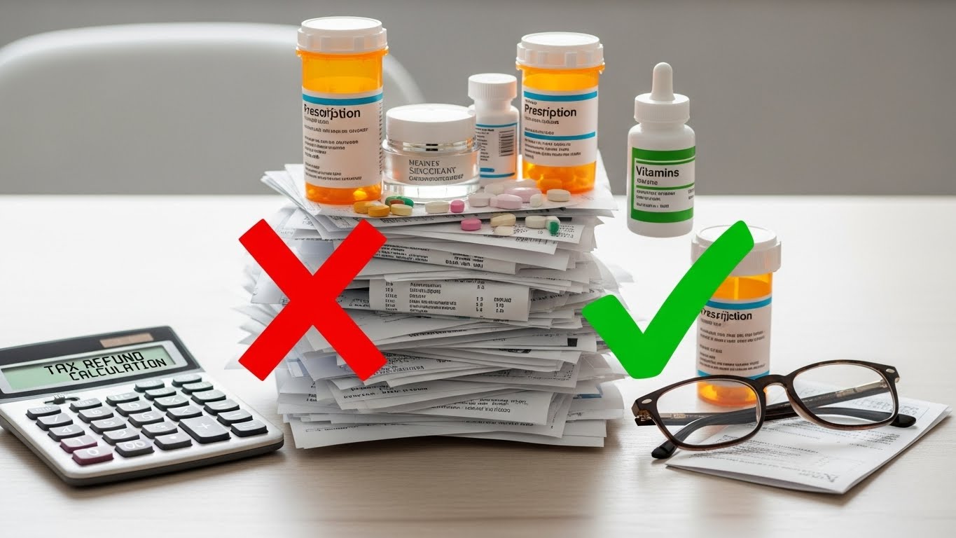 병원 영수증 중 미용 목적이나 건강보조식품에는 X 표시가, 치료 목적 약품에는 O 표시가 된 연말정산 의료비 공제 개념 사진