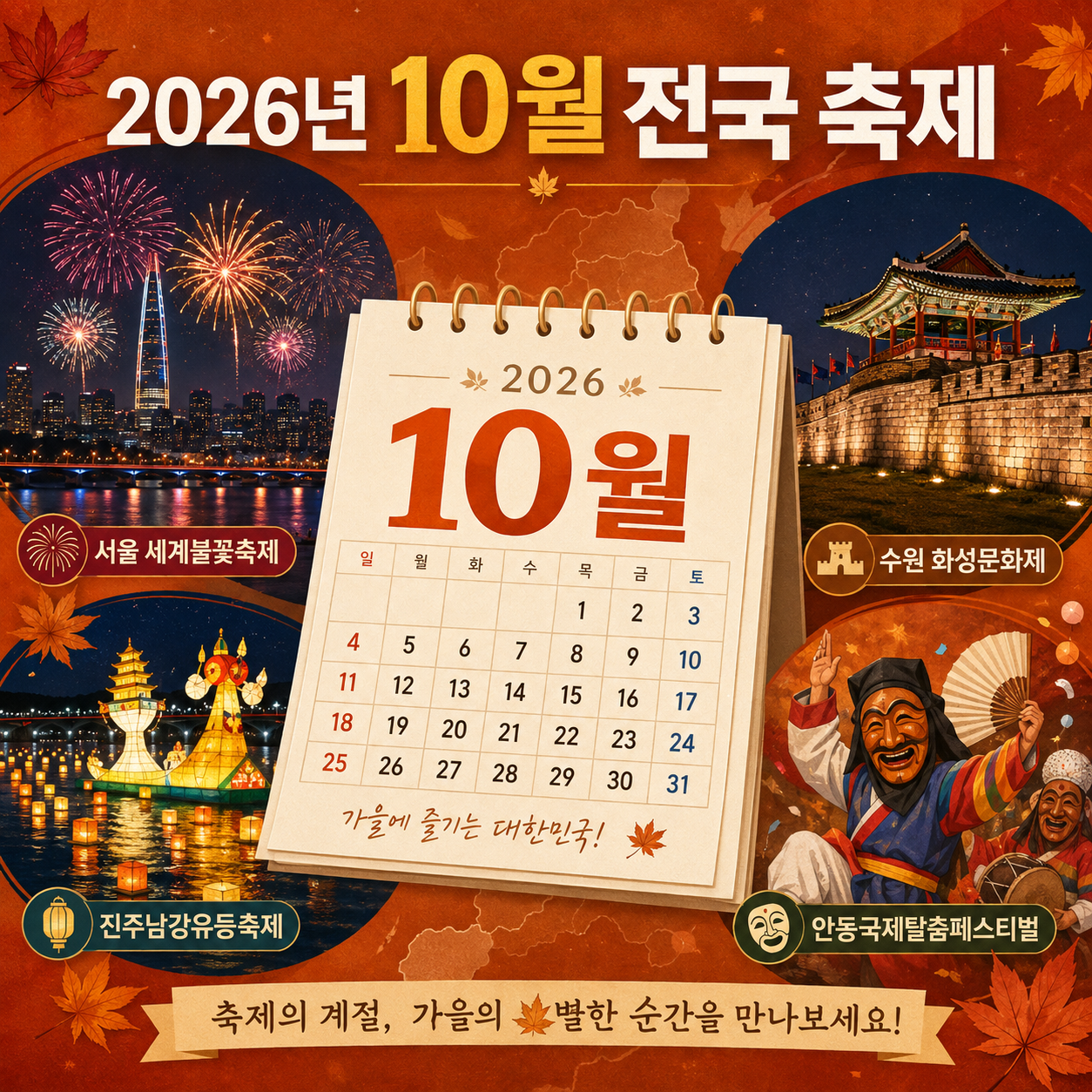 2026년 10월 전국 축제 일정과 서울 수원 정선 공주 천안 김제 진주 안동 주요 축제를 정리한 이미지