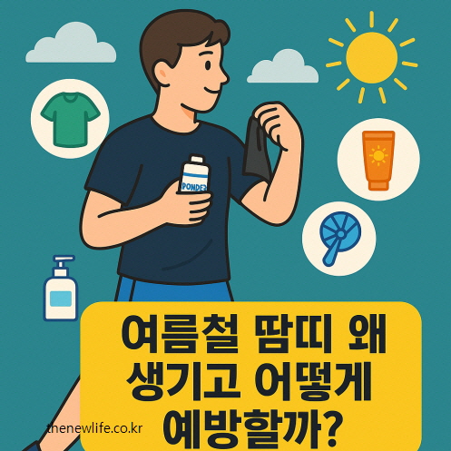 An illustration of a man holding powder and arm sleeves with icons showing heat rash prevention items like sunscreen and breathable clothing.-여름철 땀띠 예방을 위해 파우더, 팔토시, 자외선차단제 등을 준비한 남성의 일러스트 이미지입니다.