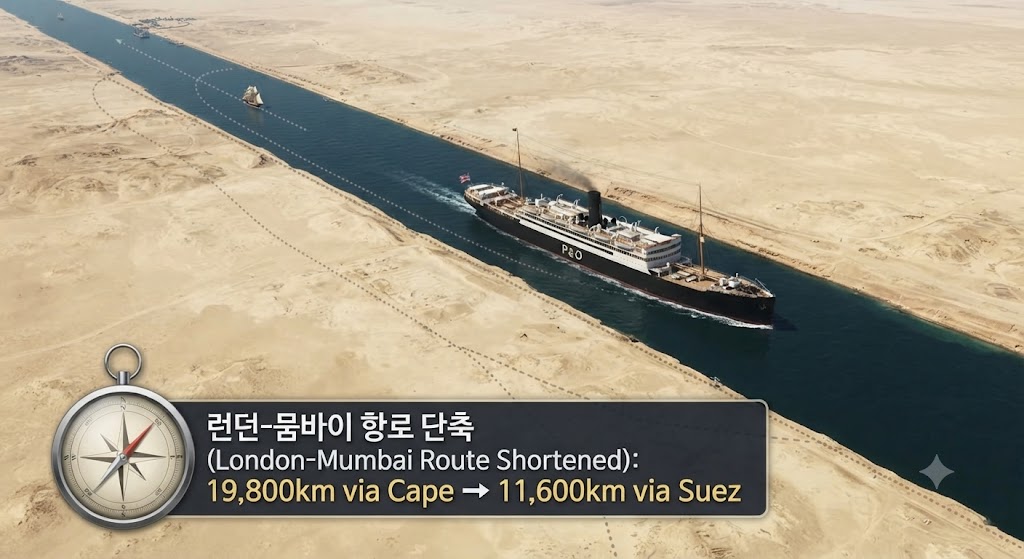 위성 사진 스타일의 지도 위에 아프리카 대륙을 돌아가는 긴 항로(희망봉 항로)와 수에즈 운하를 통과하는 짧은 항로를 비교했습니다. 운하를 통과하는 영국 국적의 증기선(P&O 소속 여객선)이 사막을 가르는 인공 수로를 미끄러지듯 지나가고, 그 옆으로 '운하 통과: 7,000km 단축'이라는 인포그래픽 정보가 제국 경제의 효율성을 강조합니다.