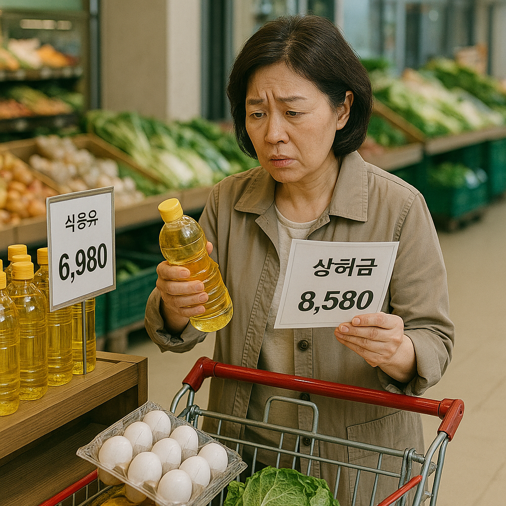 전통시장에서 식료품 가격을 살피는 시민의 모습 – 생활물가 체감과 정부 물가 정책 대응을 보여줌