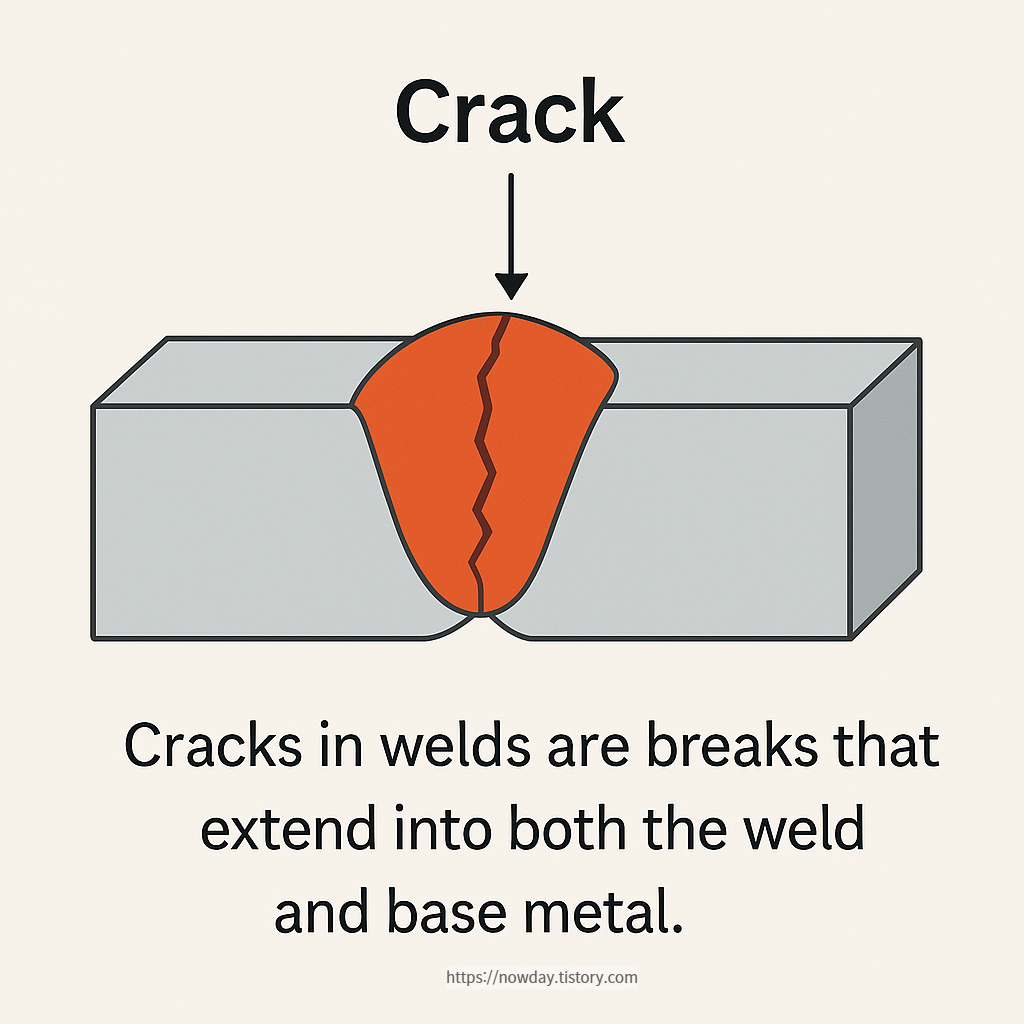 Educational diagram depicting crack formation in welded metal caused by thermal stress or poor material control