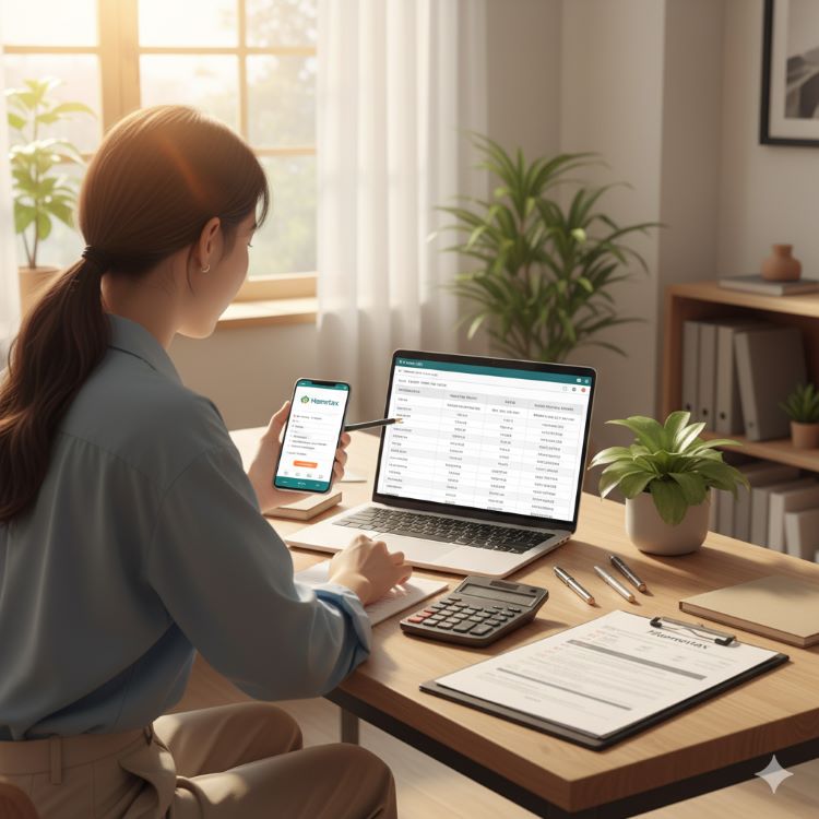 “직장인과 프리랜서가 노트북·스마트폰 홈택스로 소득세 조회하며 필요서류와 공제 항목을 체크하는 모습, 계산기와 체크리스트가 테이블 위에 놓여 있음