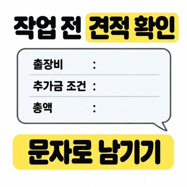 출장비와 추가금 조건, 총액을 적는 말풍선과 문자로 남기기 문구를 배치한 작업 전 견적 확인 안내