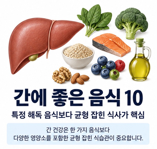 간에 좋은 음식 10과 채소 과일 통곡물 콩류 견과류 생선 올리브유 커피를 보여주는 건강 교육용 이미지