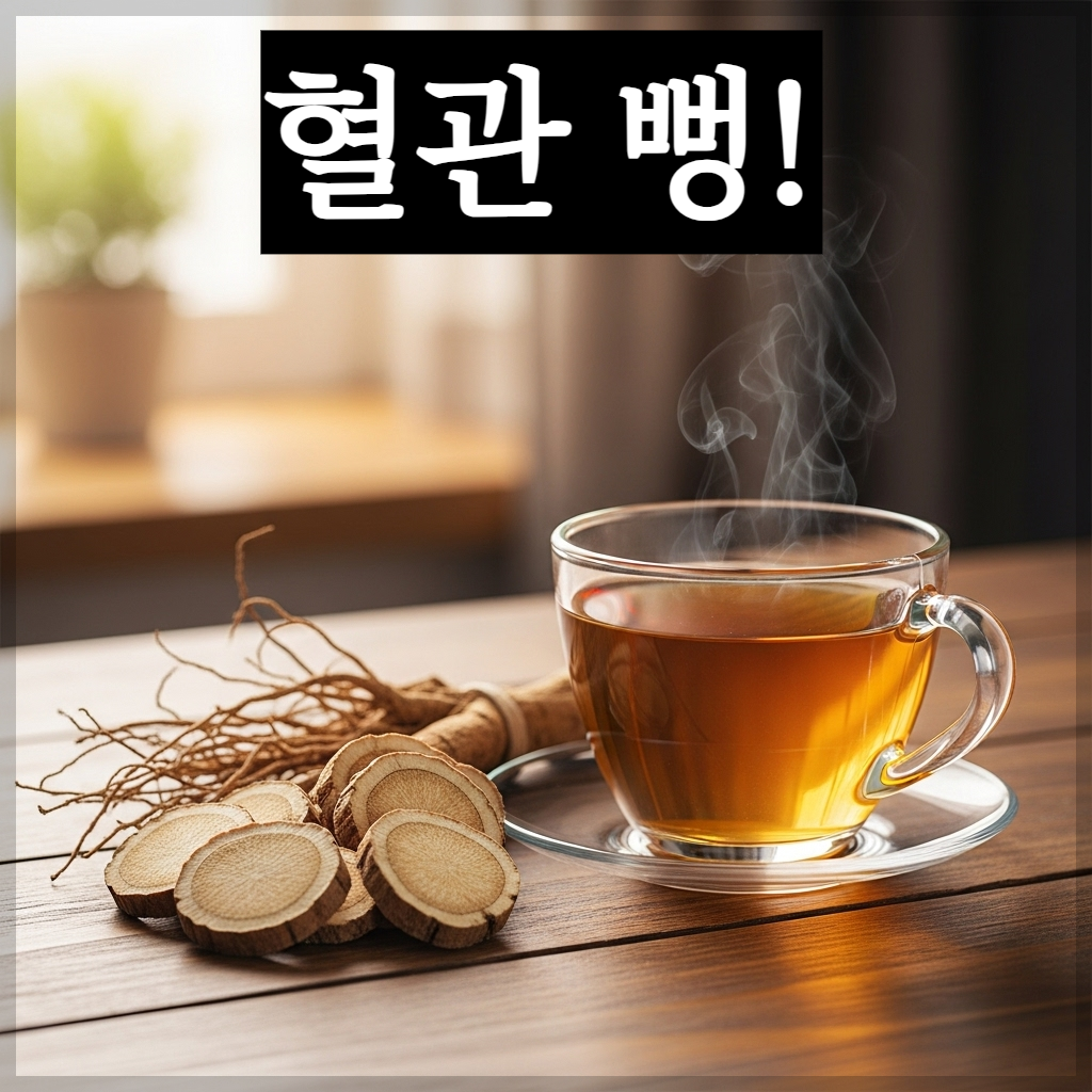 따뜻한 오후 햇살이 비치는 나무 테이블 위에 정갈하게 담긴 말린 잔대 뿌리 조각들과 연한 갈색 잔대차가 담긴 투명한 유리잔에서 하얀 김이 모락모락 피어오르는 치유 분위기의 실사 이미지