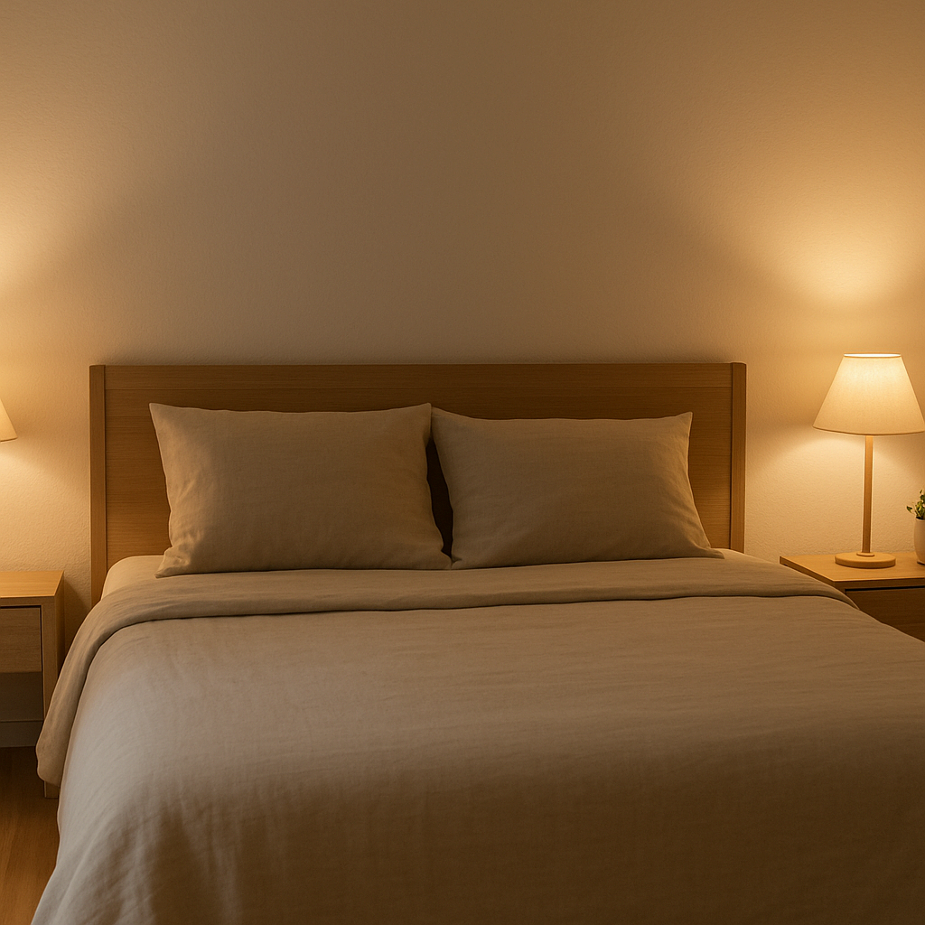 벽에 머리를 붙인 배산 구조의 따뜻한 침실 인테리어