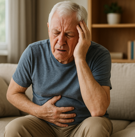 노인이 변비증상으로 고통스러워 하는 모습
