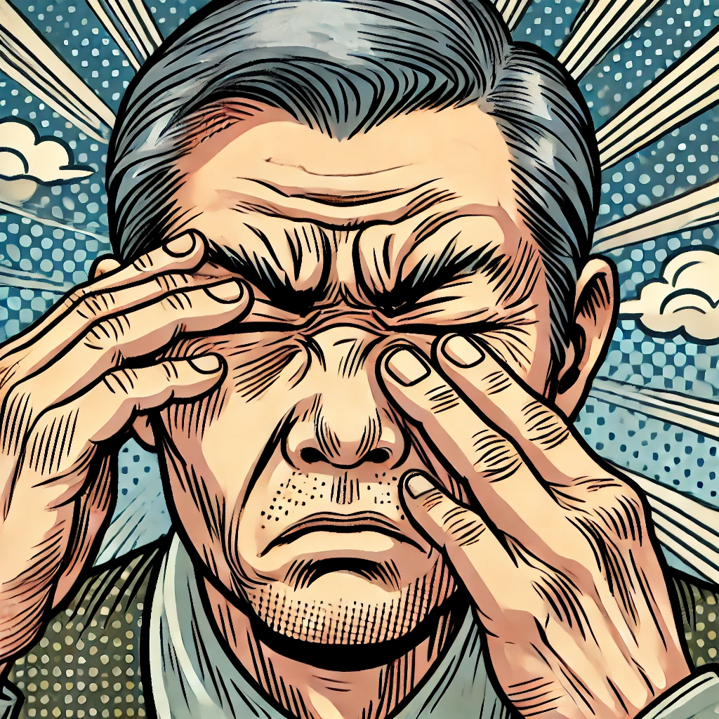 시야가 흐려져 눈을 비비는 노인 남성 (백내장의 초기 증상)