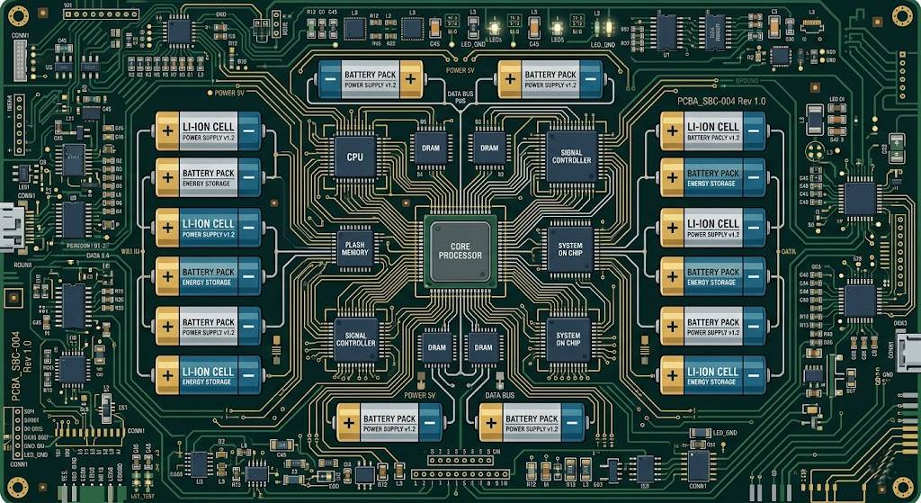 반도체 칩과 배터리 셀 아이콘들이 연결된 복잡하고 정교한 회로 기판을 위에서 내려다본 벡터 스타일 일러스트