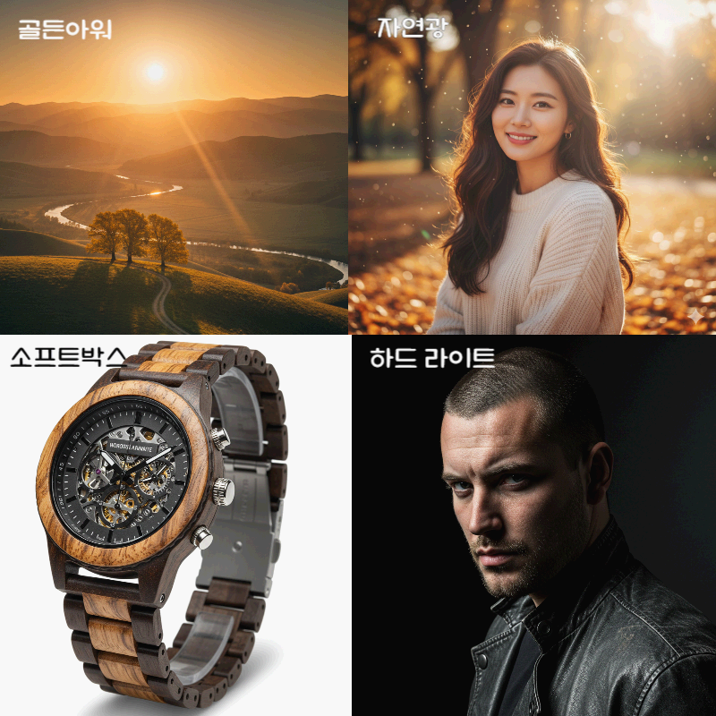 골든 아워 풍경, 자연광 인물, 소프트박스 시계 제품, 하드 라이트 남성 인물 사진 등 네 가지 AI 이미지 조명 기법 예시를 모은 자료 이미지.