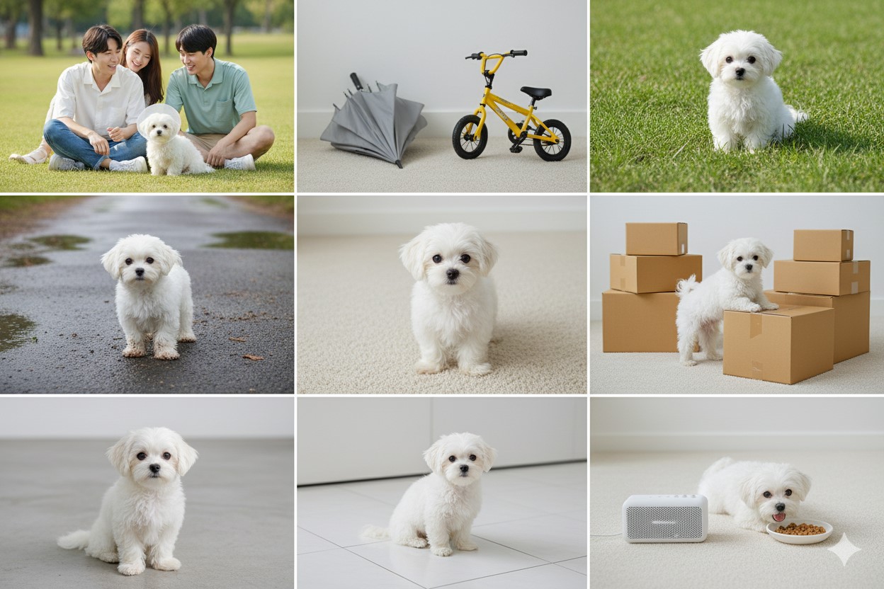 말티즈 아기 강아지가 다양한 사람, 사물, 환경을 긍정적으로 경험하는 각 장면들을 배열한 콜라주