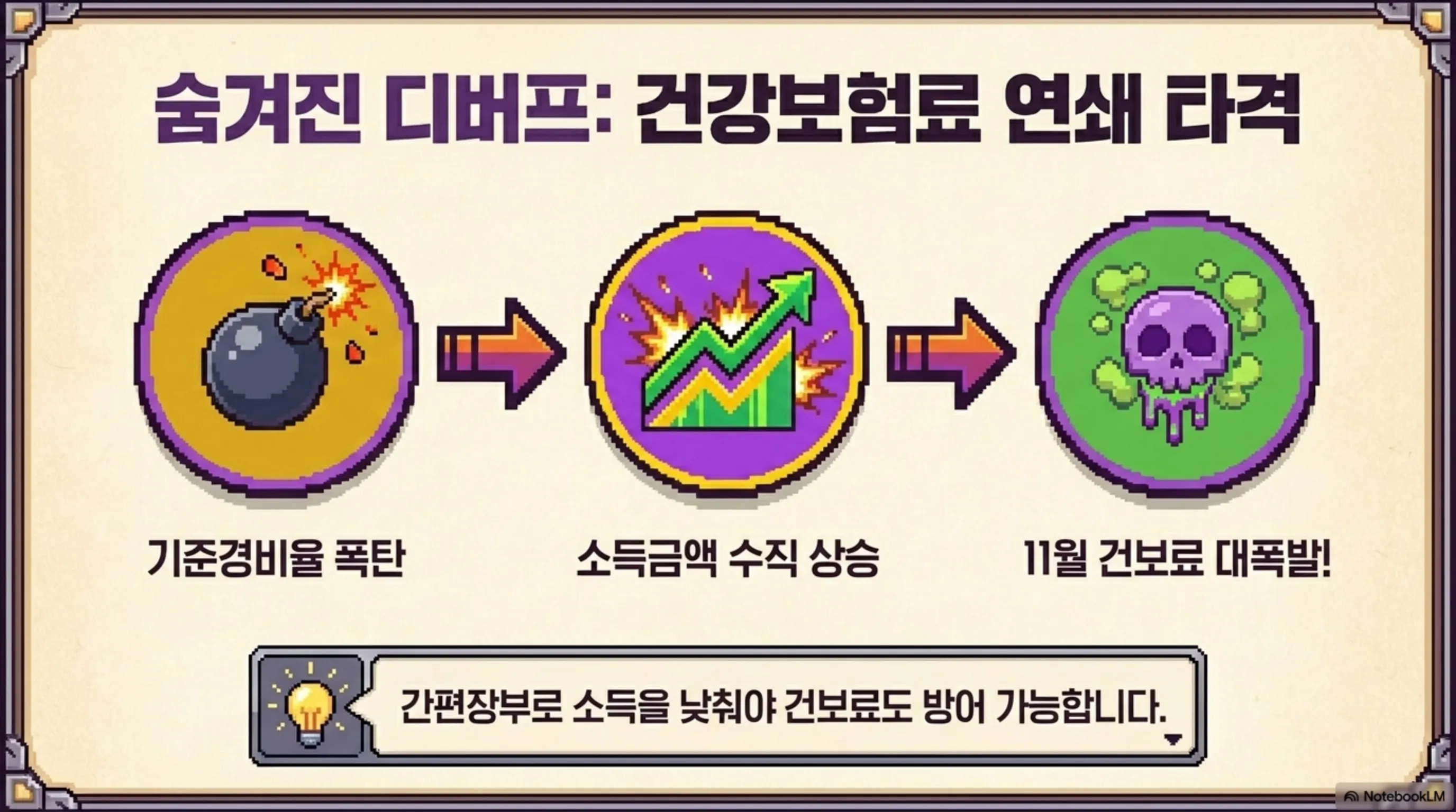 프리랜서 종합소득세: 숨겨진 디버프로 건강보험료 연쇄 타격이라는 제목의 게임 형식 이미지. 기준경비율 폭탄에서 소득금액 수직 상승으로 이어지고 최종적으로 11월 건보료 대폭발로 연결되는 3단계 연쇄 구조가 아이콘으로 표현되어 있다. 하단에 간편장부로 소득을 낮춰야 건보료도 방어 가능하다는 팁이 적혀 있다. 기준경비율 추계신고 시 세금과 건강보험료가 동시에 올라가는 위험을 설명하는 이미지