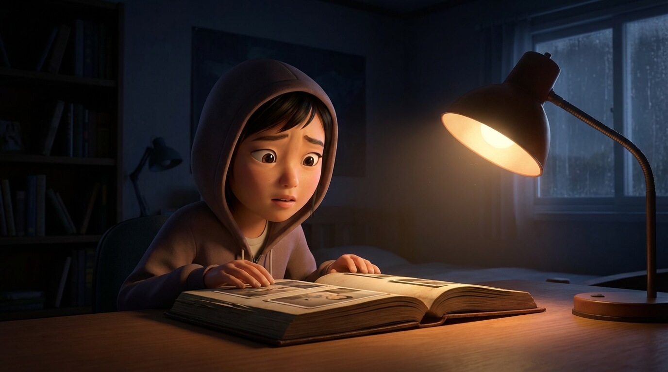 밤, 책상 스탠드 하나만 켜진 어두운 방. 13살 소녀가 아버지의 책상에서 두꺼운 사진첩을 몰래 펼쳐보고 있다. 소녀의 표정은 충격과 슬픔, 그리고 알 수 없는 깊은 호기심이 섞여 있다. 빛과 그림자의 대비가 강한 진지한 분위기.