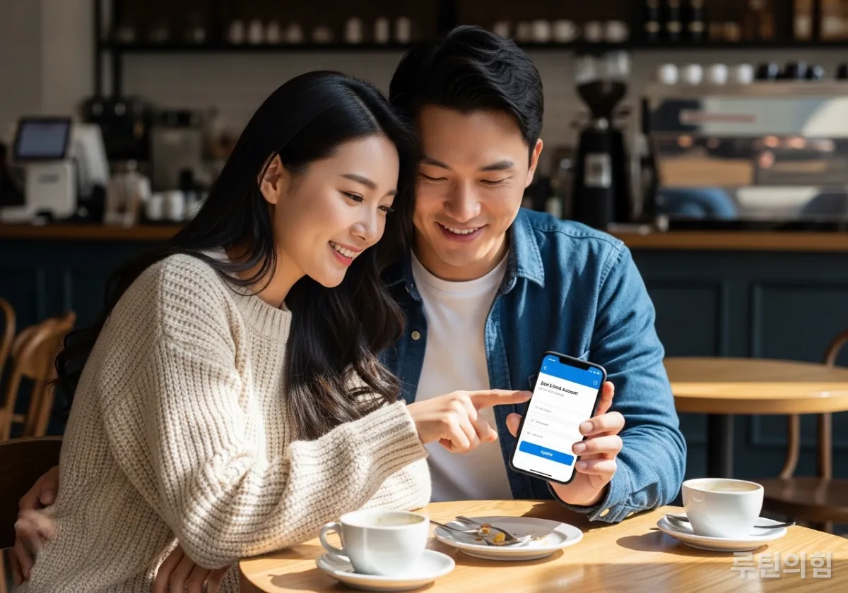 서울의 카페에서 스마트폰으로 데이트 통장을 함께 개설하며 즐거워하는 한국인 커플