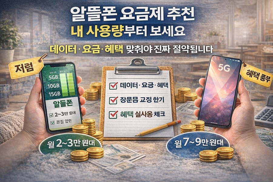 알뜰폰 요금제와 일반 휴대폰 요금제를 데이터 사용량과 월요금, 혜택 기준으로 비교하는 이미지