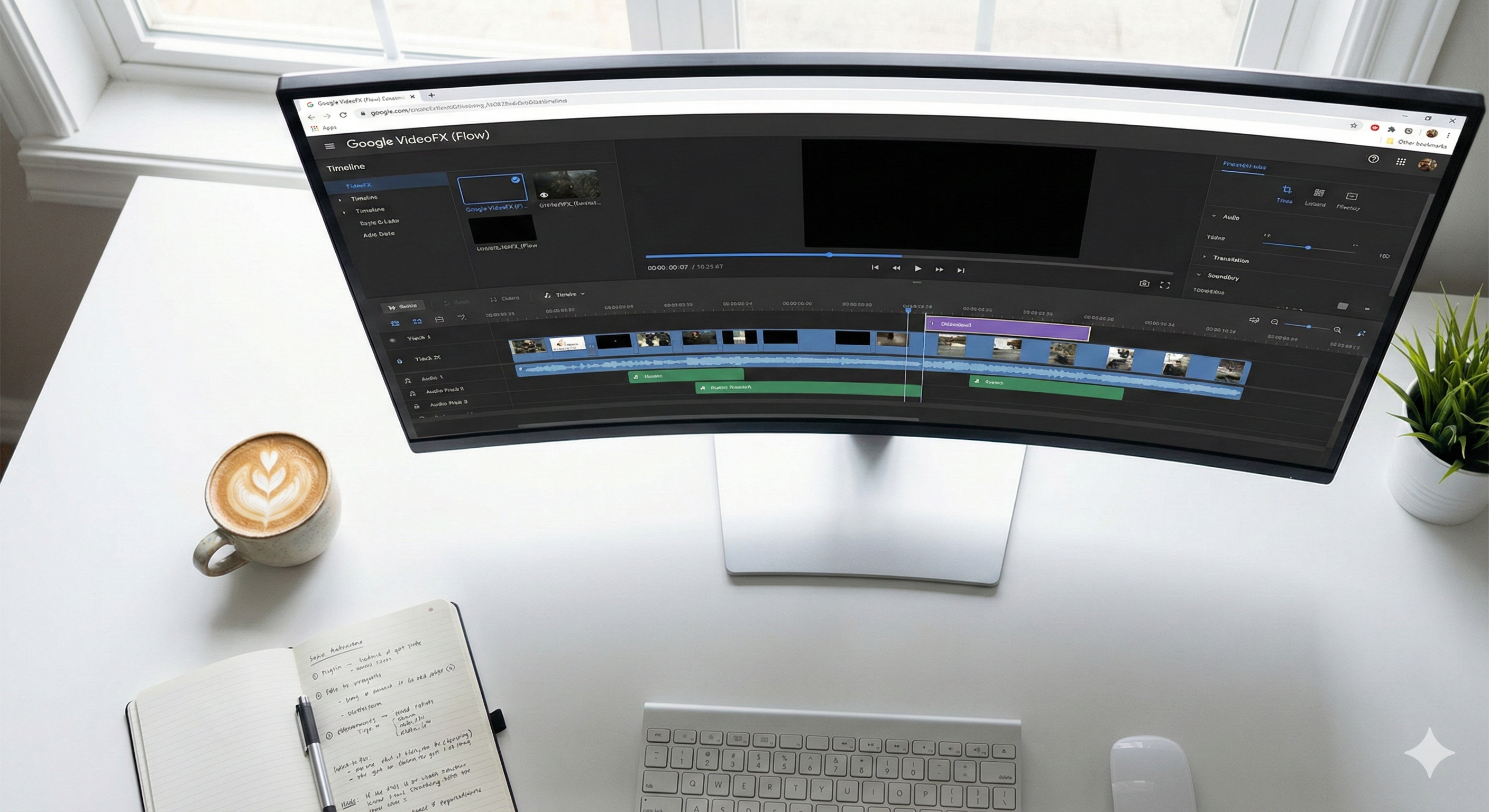 넓은 모니터에 영상 편집 타임라인과 AI 생성 툴이 띄워져 있는 탑뷰, 깔끔한 데스크 셋업, AI 영상 편집 실무 현장
