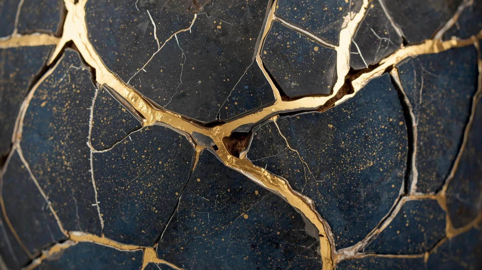 Japanese Kintsugi pottery, broken ceramic bowl repaired with gold lacquer, highlighting the beauty of imperfections, zen atmosphere, professional photography.