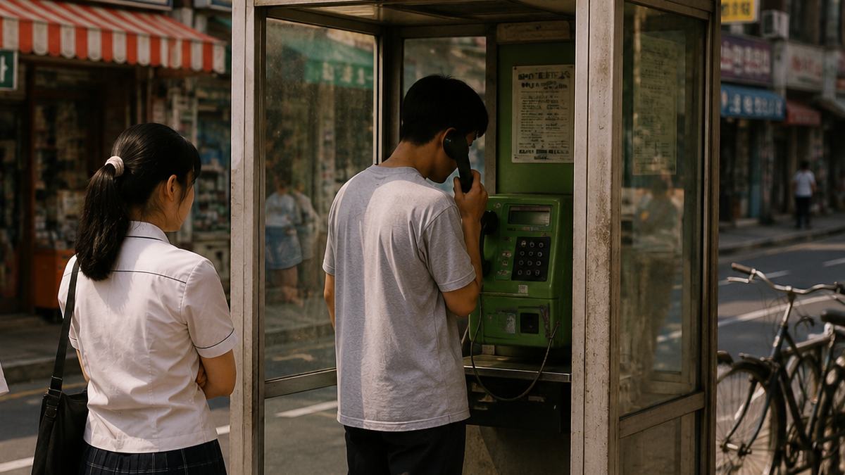 공중전화로 통화하는 남성과 바로 뒤에서 차례를 기다리는 학생의 모습
