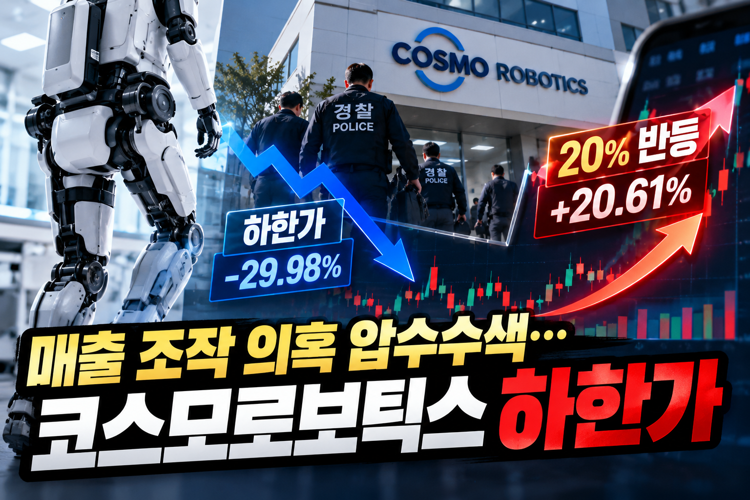 코스모로보틱스 주가 하한가 후 20% 반등 압수수색 35억 매출 부풀리기 의혹
