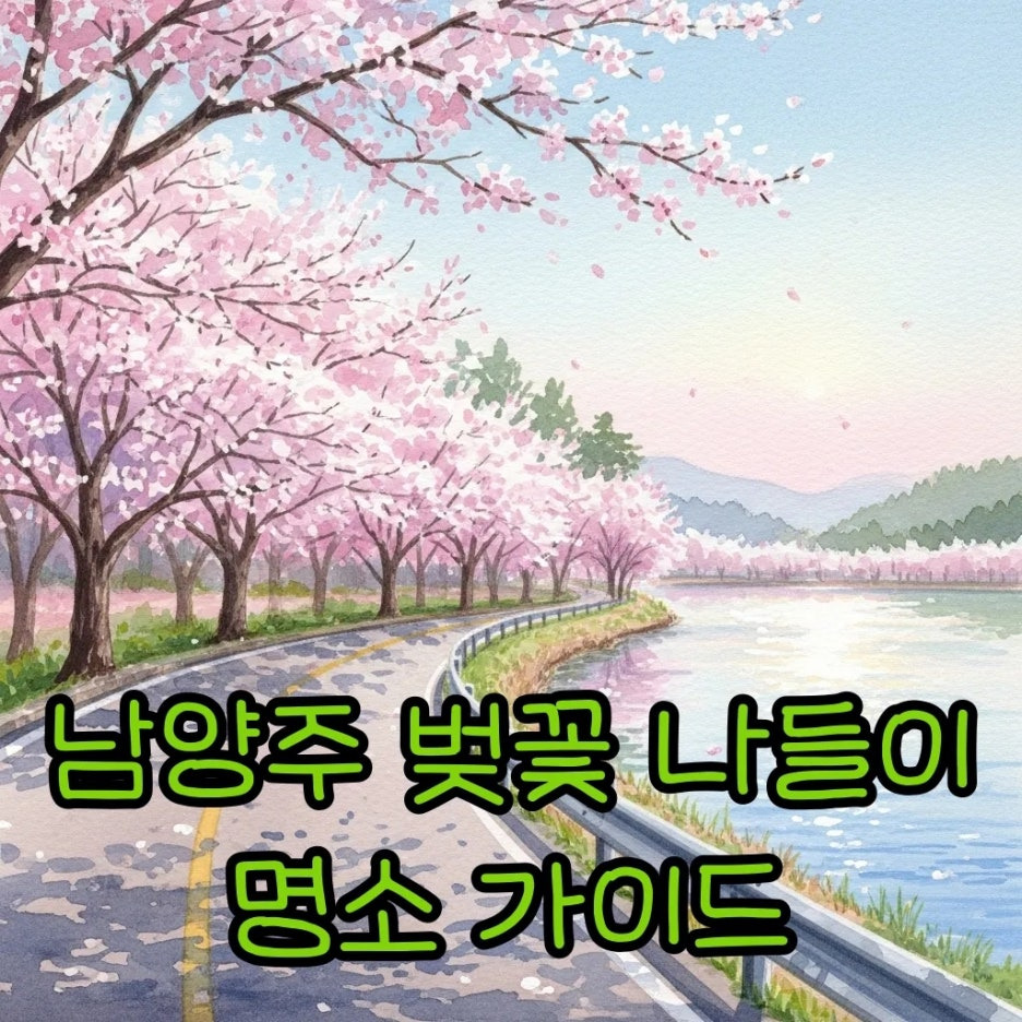 분홍빛 벚꽃이 만개한 남양주의 평화로운 호숫가 산책로 풍경