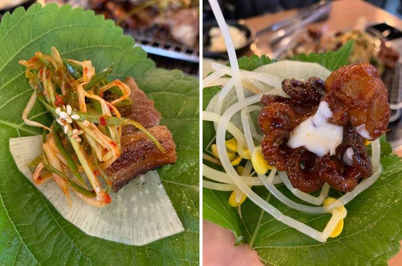 삼겹살과 쭈꾸미 쌈에 싸져있는 모습