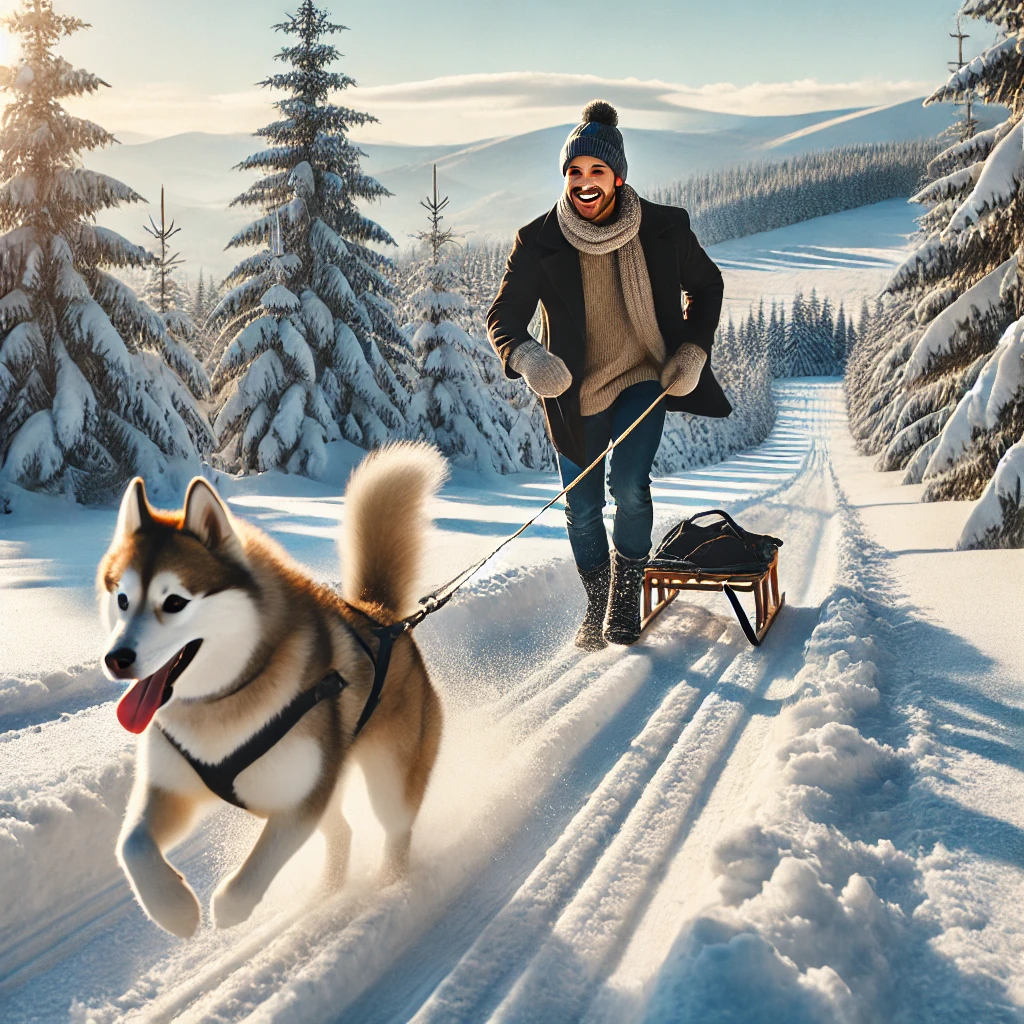 겨울 풍경 속 허스키와 주인이 눈썰매 타는 모습
