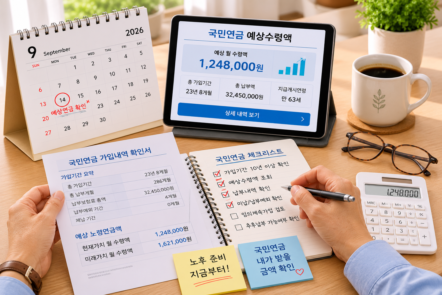 오래된 급여명세서와 국민연금 납부내역을 연도별로 정리하는 장면