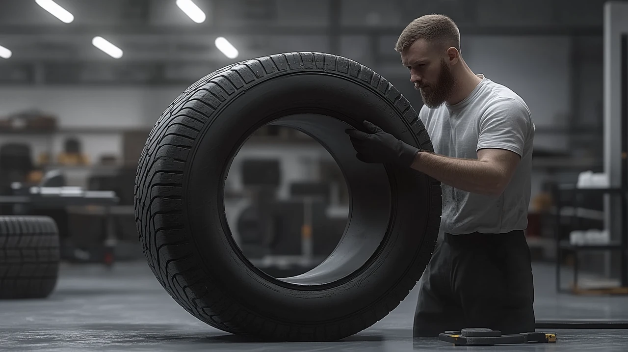 전문 기술자가 국내외 타이어의 트레드 마모 깊이를 직접 측정하여 내구성과 수명을 객관적으로 비교, 2025 타이어 내구성, 트레드 마모 측정, 전문가 분석, 수명 평가를 강조한 장면입니다.