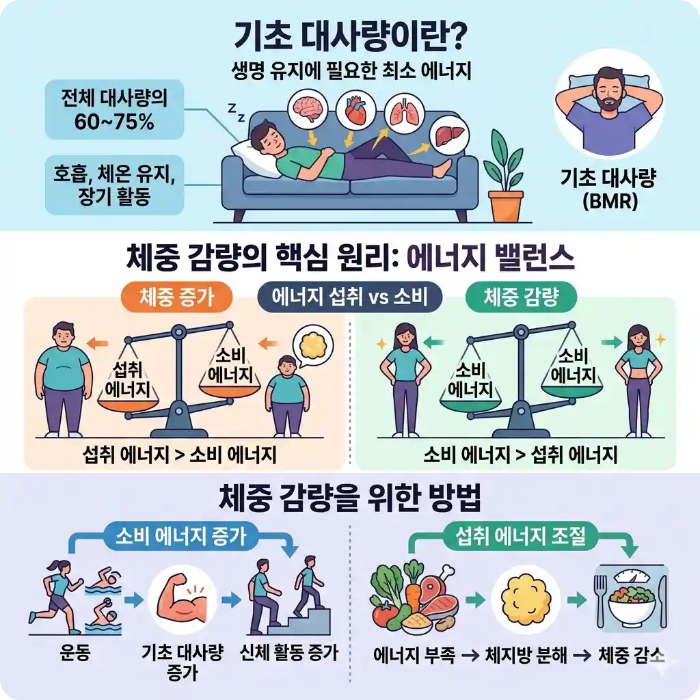 기초 대사량과 체중 감량 원리 설명