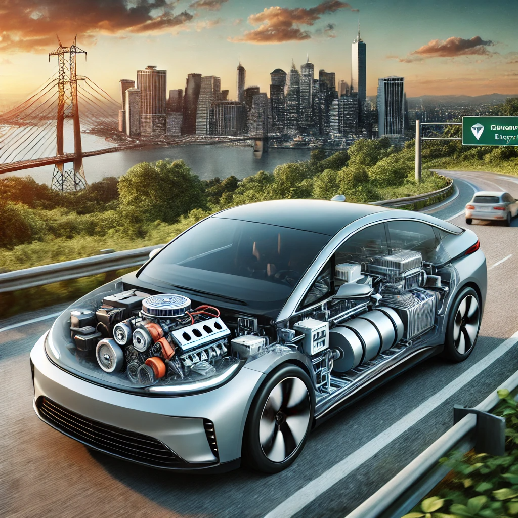 내연기관과 전기 모터가 함께 장착된 하이브리드차가 고속도로를 달리는 모습.