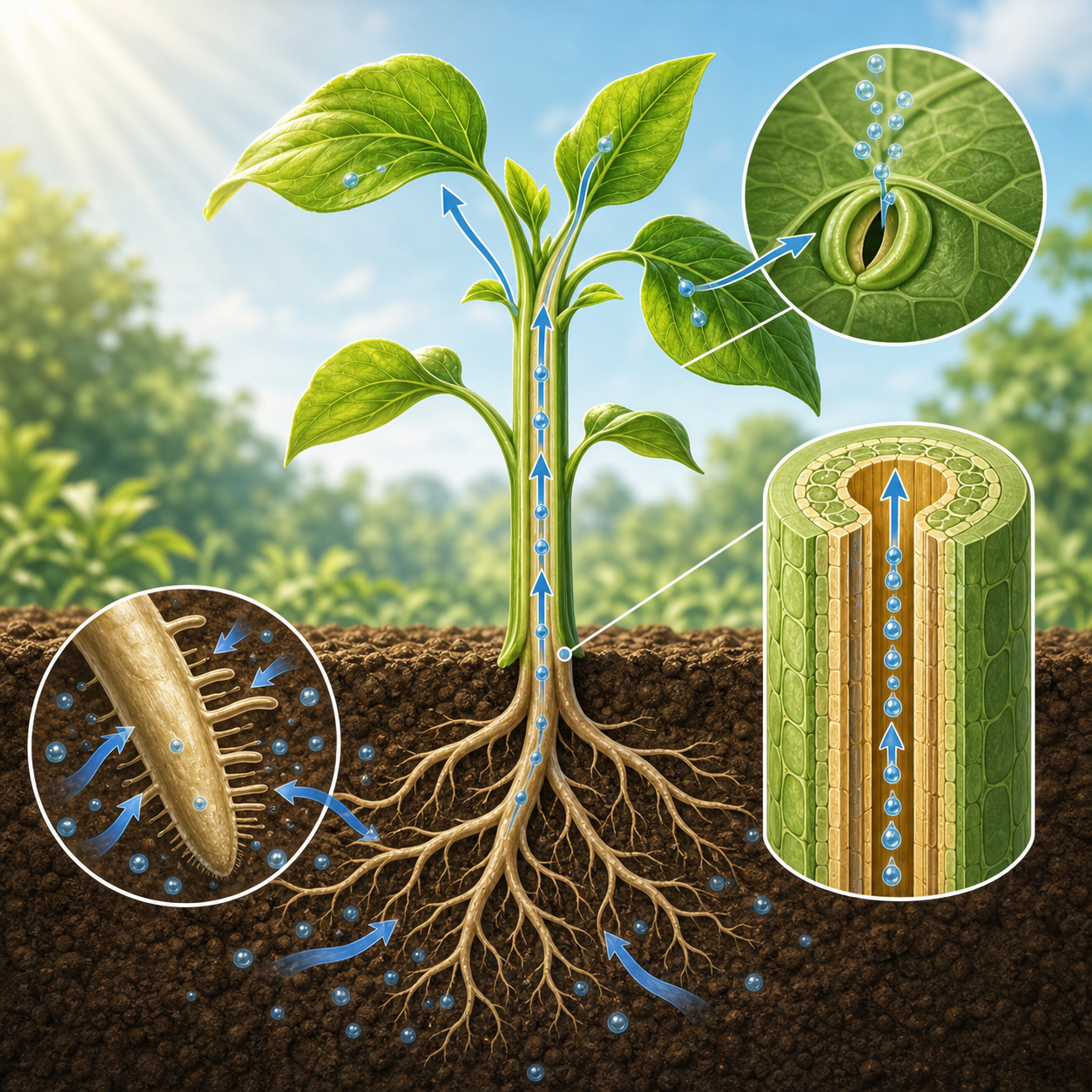 Plant roots taking water from soil in an educational illustration