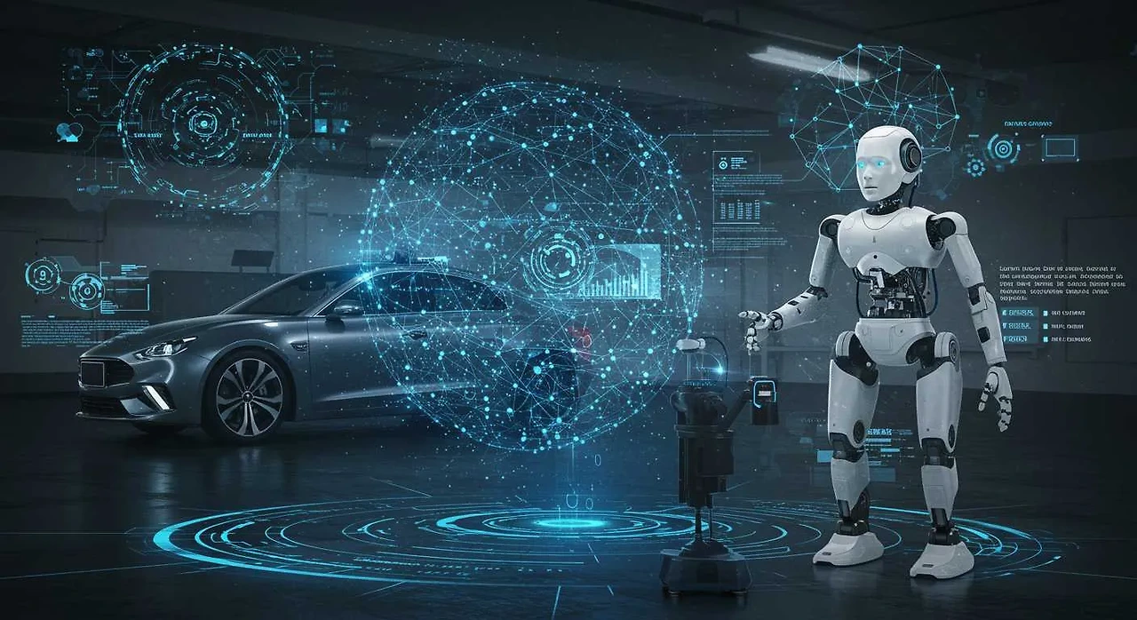 로봇과 스마트 자동차가 디지털 데이터 데이터와 함께 등장하는 미래 기술 사건