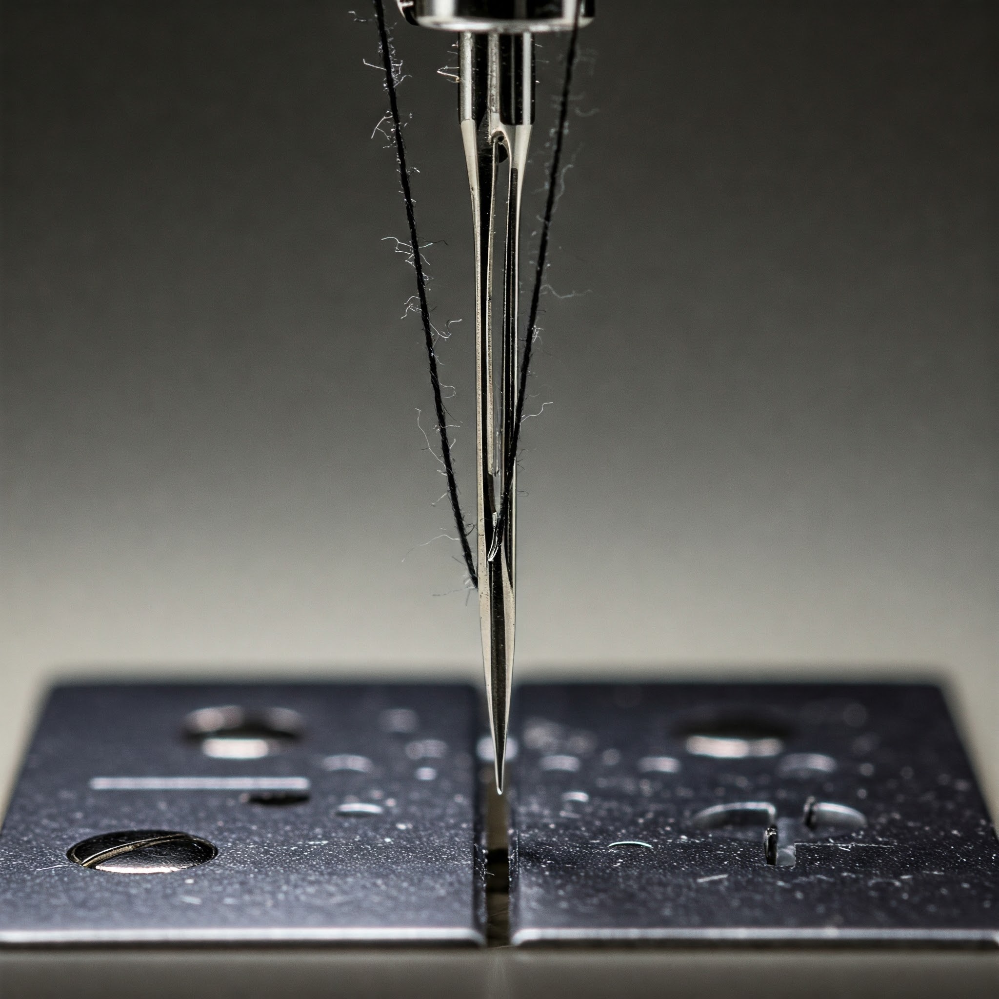 미싱 바늘에 실이 끼워져 있다.