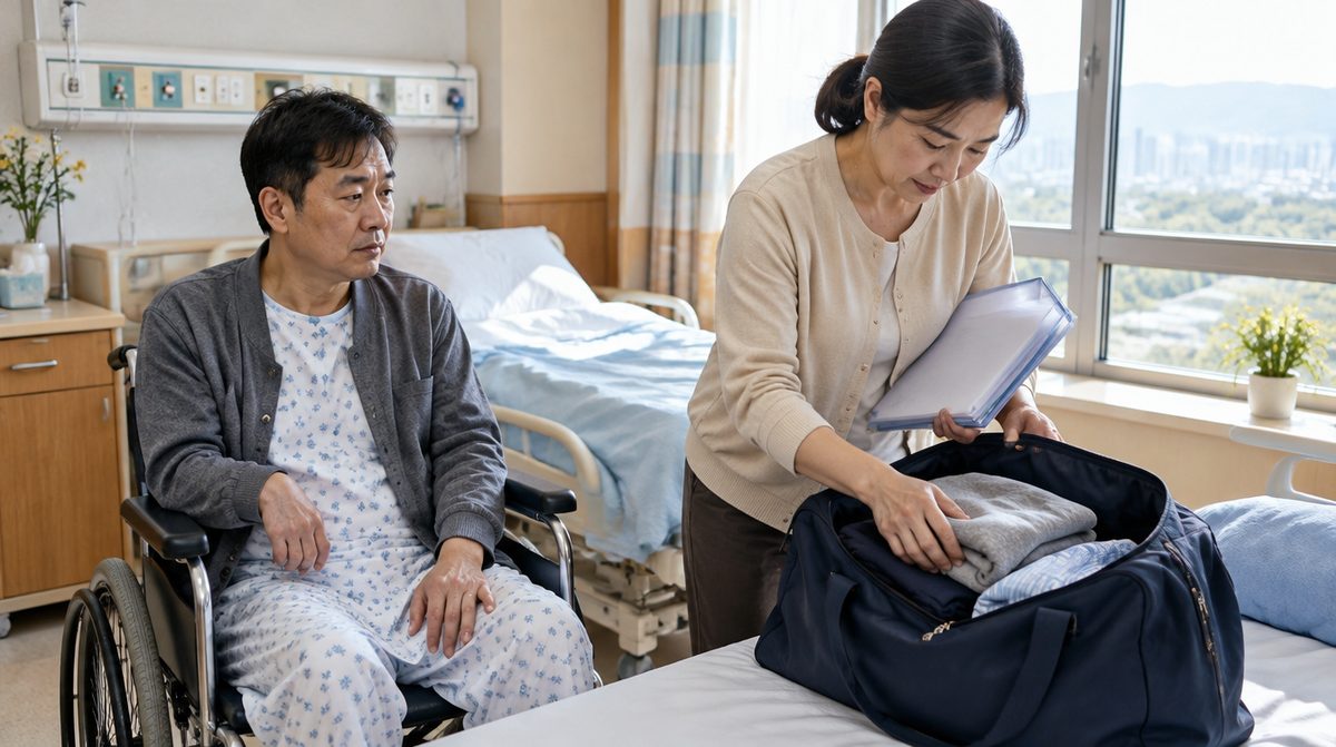 재활병원 전원을 앞두고 짐을 챙기는 편마비 환자 가족