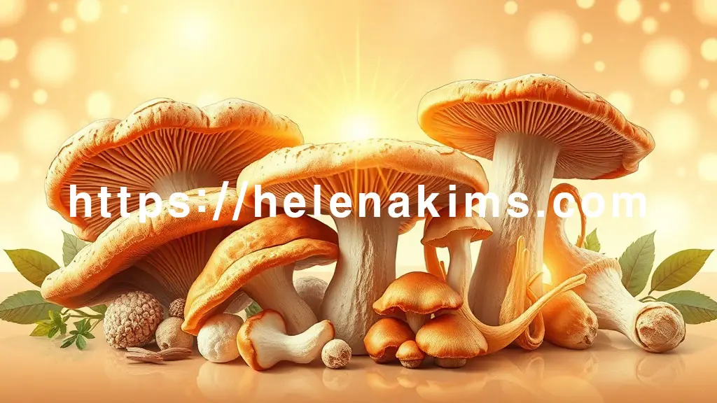 밝고 배경에 싱싱한 표고버섯, 상황버섯, 영지버섯이 각각 빛을 발하며 조화롭게 배열되어 있는 이미지.