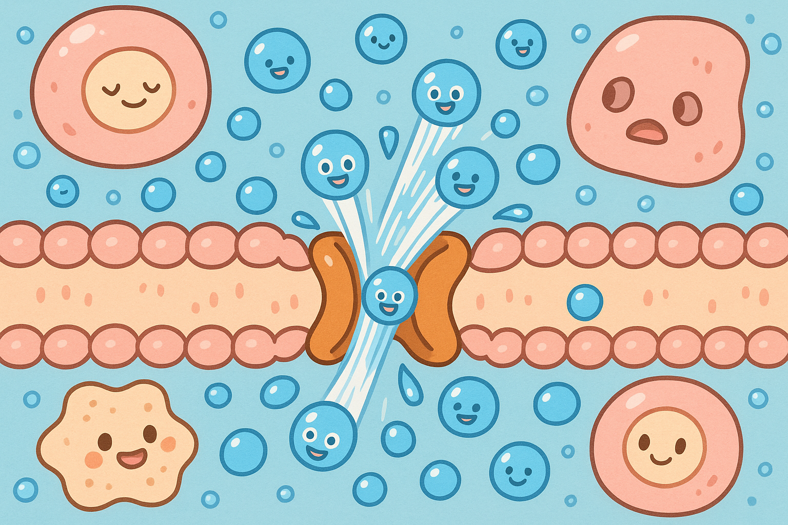 세포막 속 아쿠아포린 단백질을 통해 물 분자들이 빠르게 통과하는 과정을 아기자기한 애니메이션 스타일로 표현한 이미지