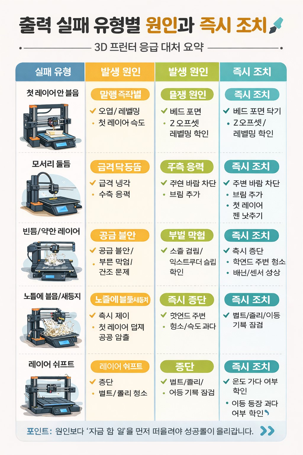 출력 실패 유형별 원인과 즉시 조치를 비교한 3D 프린터 응급 대처 요약 이미지