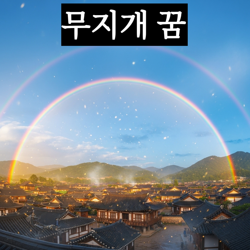 맑은 하늘에 뜬 선명한 일곱 빛깔 쌍무지개와 고풍스러운 한옥 마을이 어우러진 희망적인 일러스트
