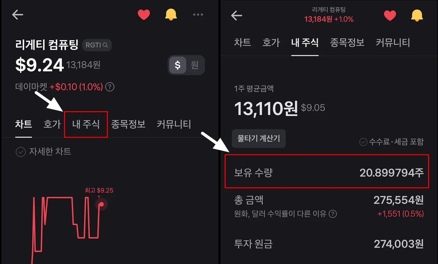 토스증권 앱에서 소수점 주식과 온주 보유 수량을 확인하는 화면 예시