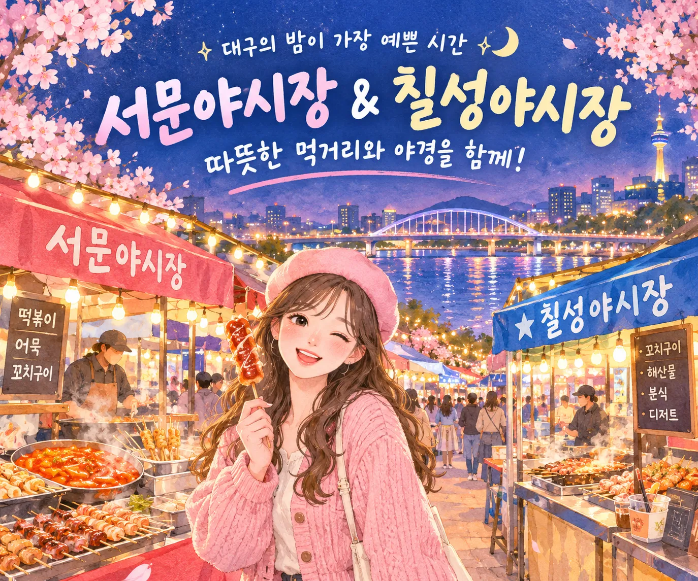 파스텔 수채화 스타일로 표현한 대구 서문야시장과 칠성야시장 밤 풍경. 떡볶이와 꼬치 등 야시장 먹거리와 핑크 베레모를 쓴 여성이 보이고, 뒤로 신천과 다리, 도시 야경과 벚꽃 조명이 펼쳐져 있다.