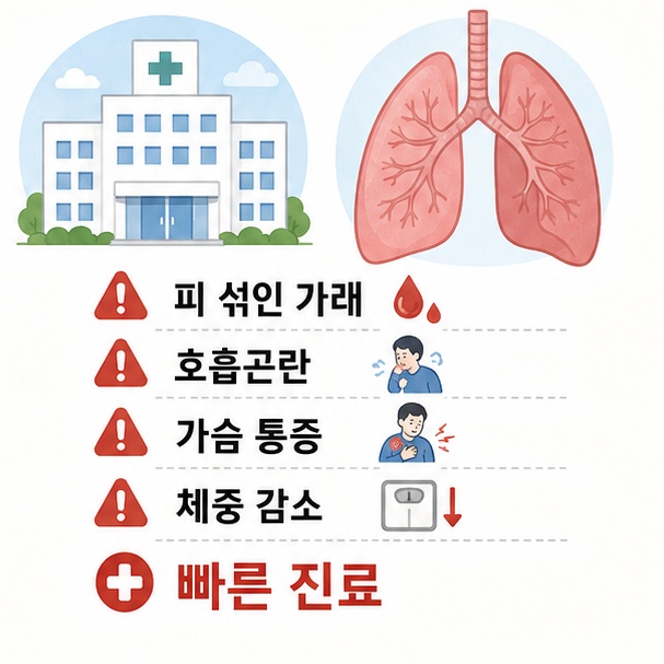 피 섞인 가래와 호흡곤란, 가슴 통증, 체중 감소가 동반될 때 빠른 진료가 필요함을 안내한 이미지