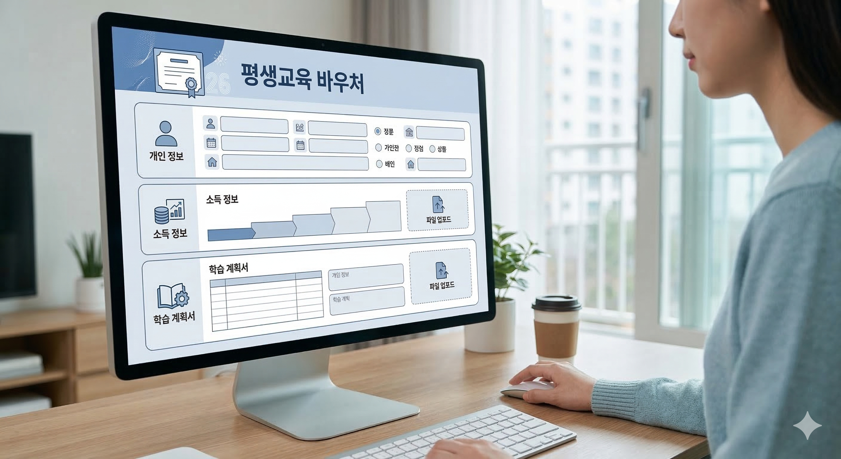 노트북으로 평생교육 바우처 온라인 신청서를 신중하게 작성하는 한국인 학습자의 손