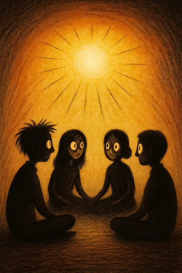 희망의 빛 아래 원형으로 둘러앉은 사람들이 서로를 바라보며 따뜻한 연대감을 나누는 장면을 팀 버튼풍 감성으로 표현한 일러스트