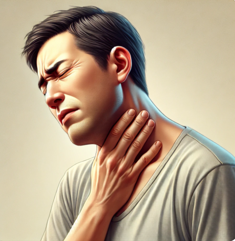 목의 이물감 때문에 불편감을 느끼는 사람의 모습