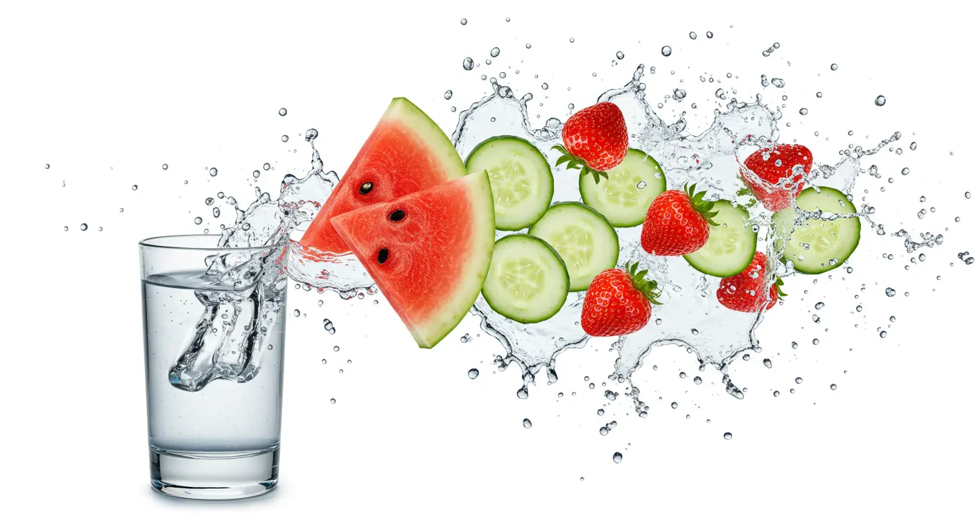 물 한 잔과 함께 생기 넘치는 수박, 오이, 딸기 조각들이 놓여 있는 모습. '마시는 수분'과 '먹는 수분'의 조화를 상징한다.