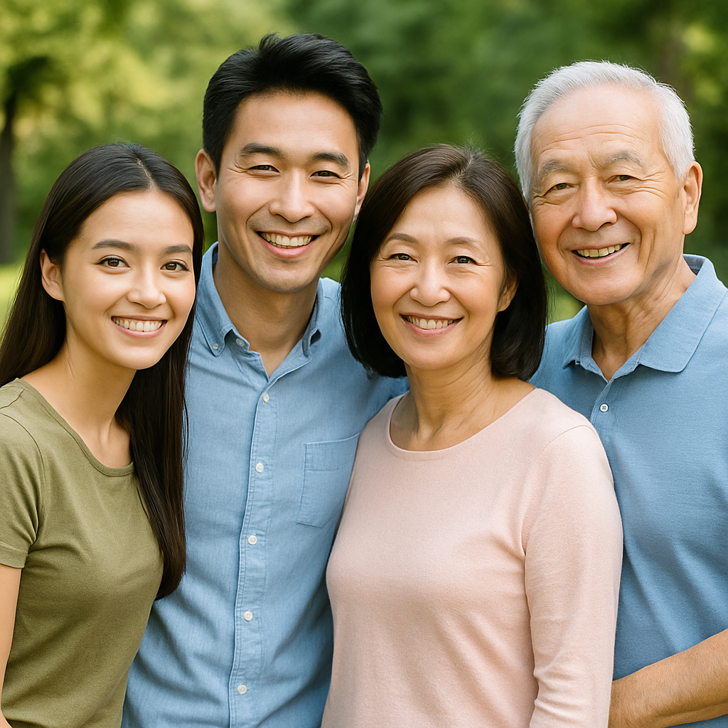 야외 공원에서 밝게 미소 짓고 있는 한국인 가족의 단체 사진. 젊은 부부와 중년 부부가 함께 서 있으며, 세대별 건강한 모습을 통해 나이별 건강 관리라는 주제를 시각적으로 표현한 이미지