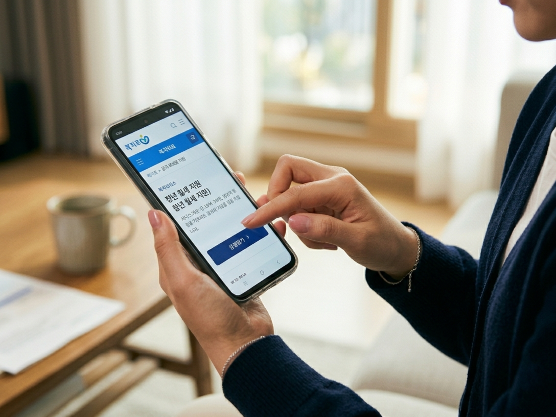 스마트폰으로 복지로 앱에 접속하여 첫만남 이용권 온라인 신청 화면을 조작하는 손