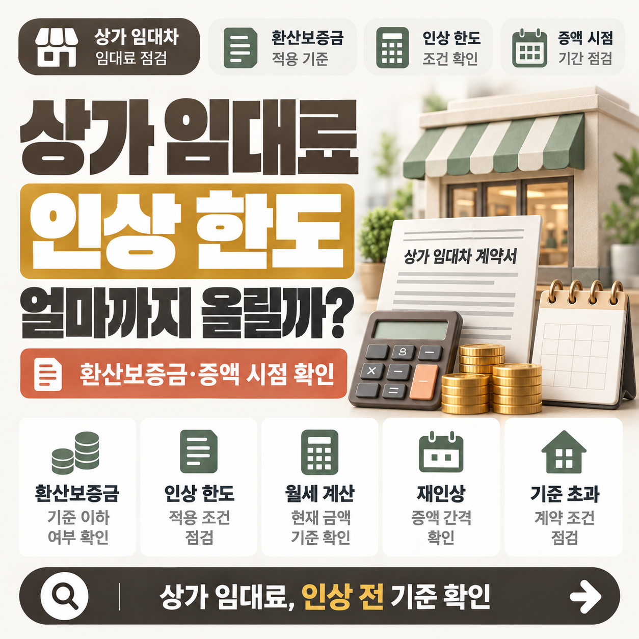 상가 월세 인상 한도 5% 계산과 환산보증금 기준을 설명하는 이미지